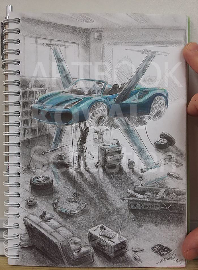 Ferrari xwing garage voiture volante dessign dessin ARTBOOK KOVAL Sébastien artiste