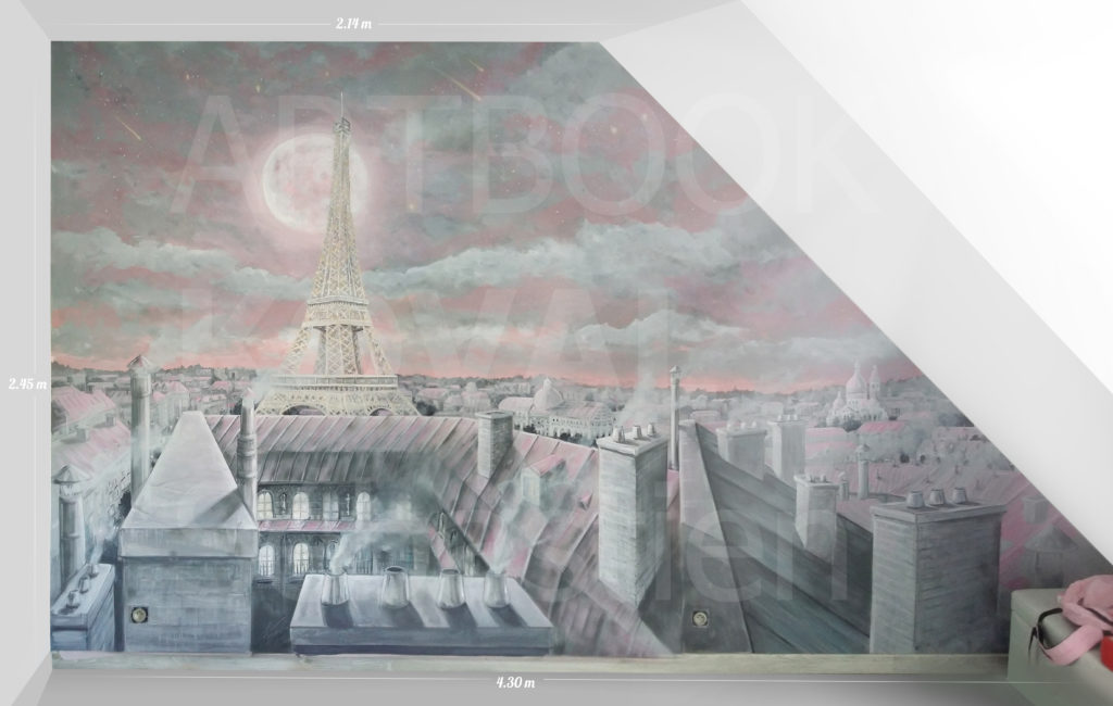 fresque murale chambre enfant Paris toit Tour Eiffel dessign.fr dessin ARTBOOK KOVAL Sébastien