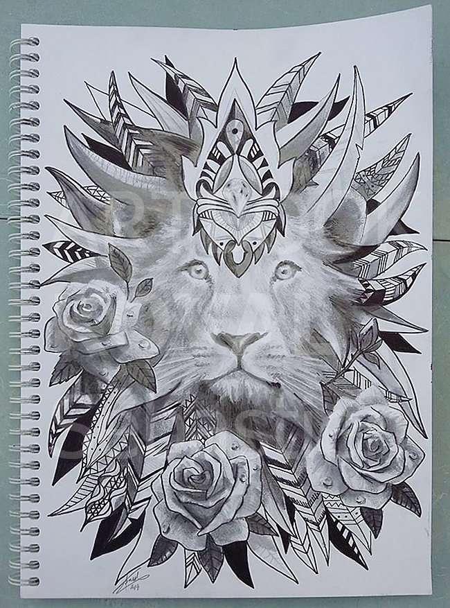 Lion plume roses tatoo dessign.fr dessin ARTBOOK KOVAL Sébastien