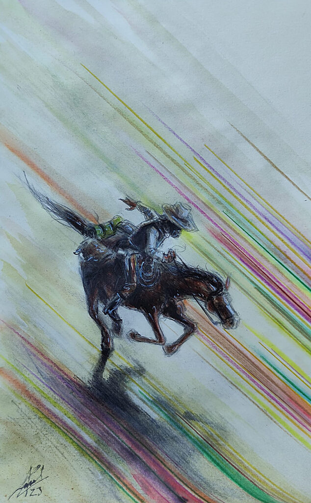 cowboy au galop vue en plongée dessin par Sébastien KOVAL dessign