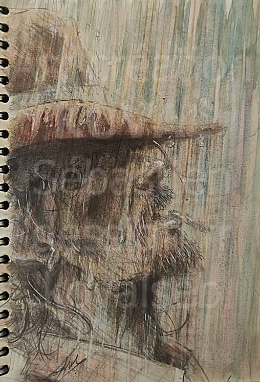 Cow boy fumant une cigarette sous son chapeau avec une pluie ardante dessin par sebastien KOVAL dessign